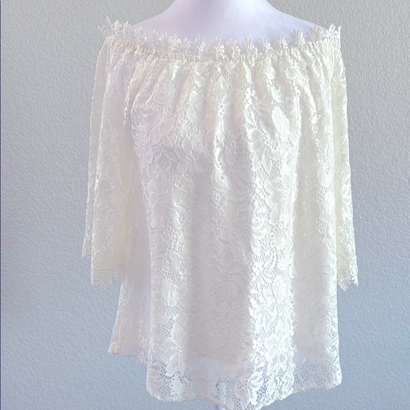 White Ruffled On/Off-Shoulder Blouse with Lace XL - Picture 3 of 6